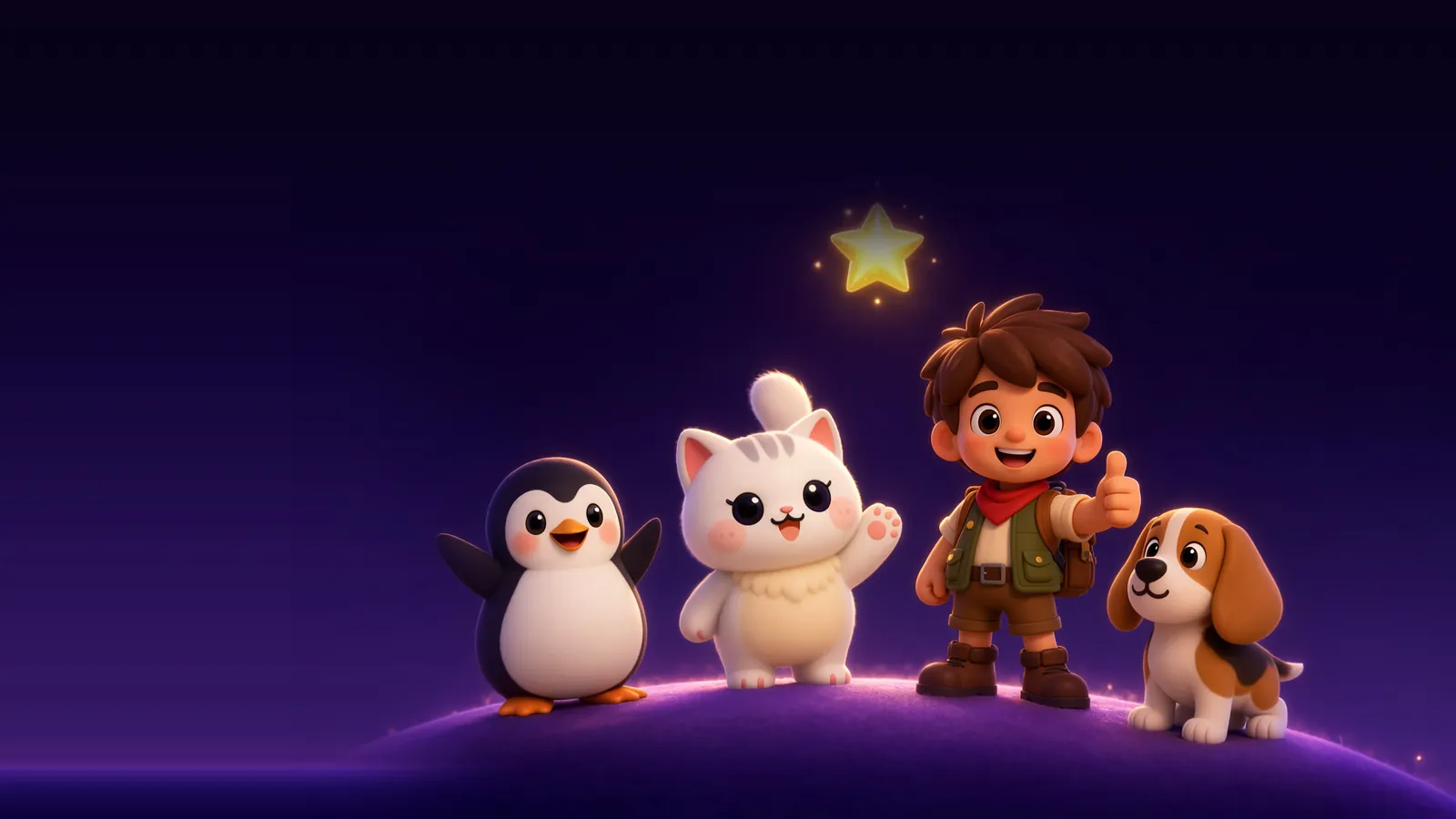 Герои игр студии Mini Funny Games: пингвинёнок, котик, мальчик-исследователь и щенок смотрят на звезду